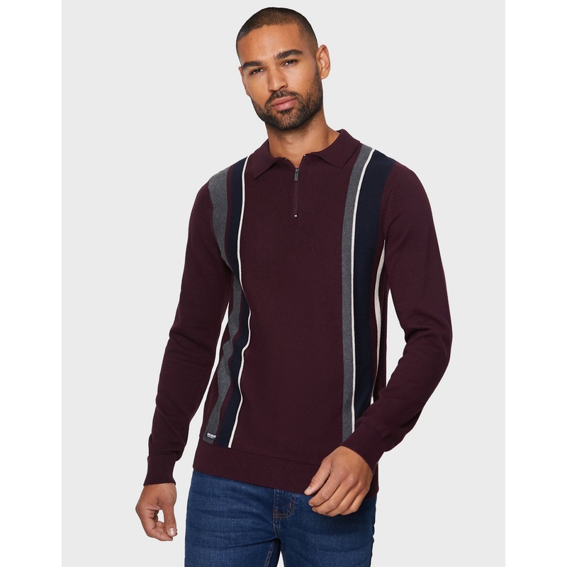 Burgundy Striped Quarter Zip Polo Jumper Burgundy S