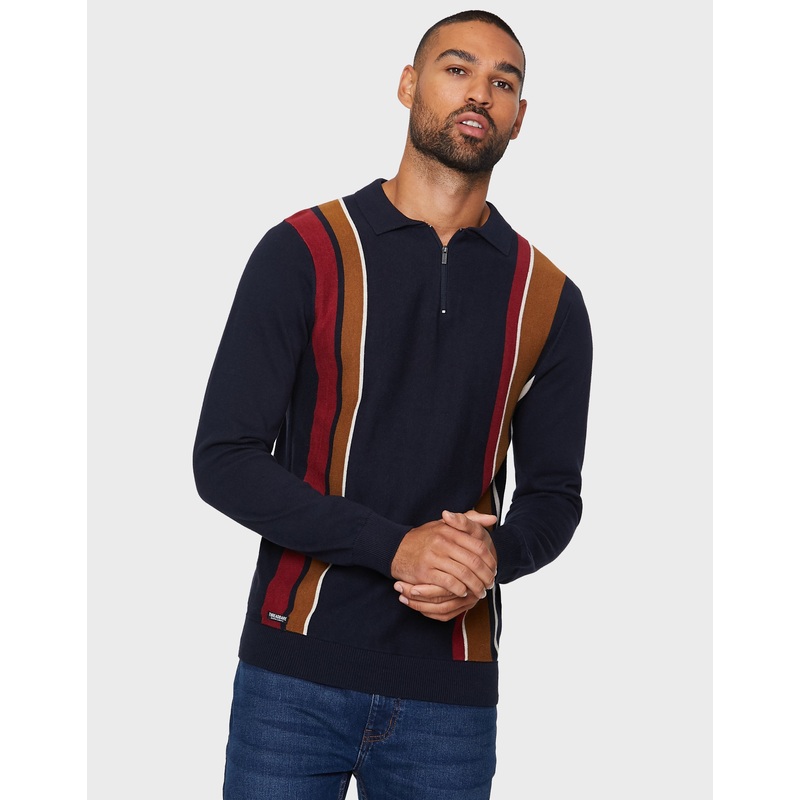 Navy Striped Quarter Zip Polo Jumper Navy S