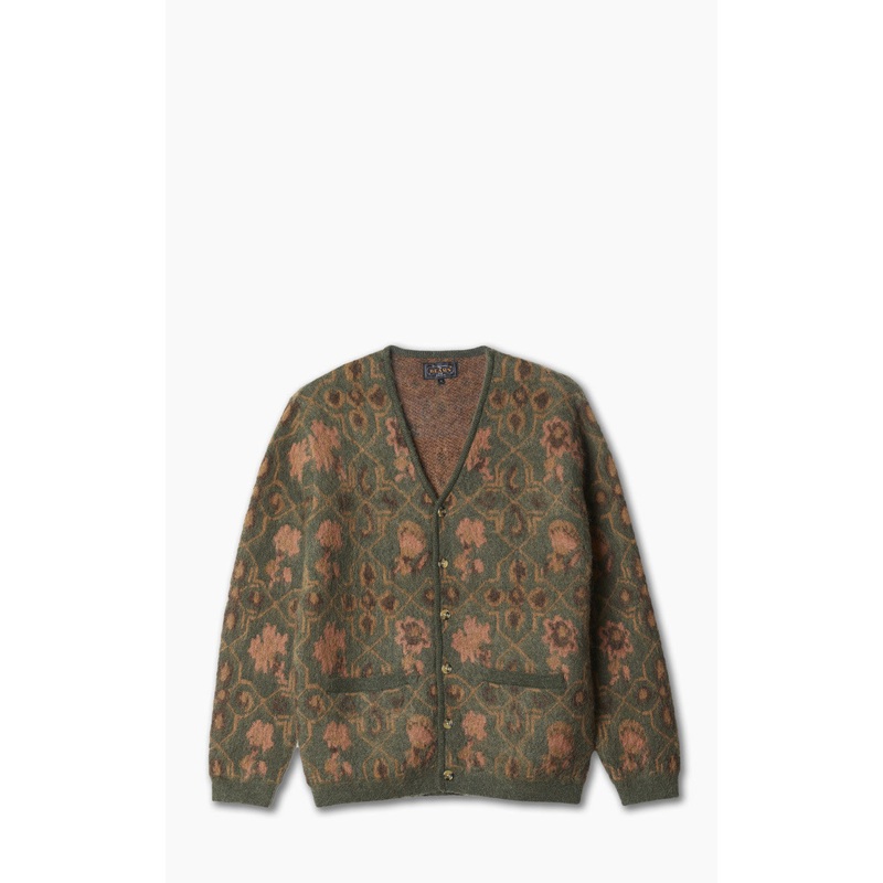 Beams Plus Cardigan Botanical Pattern Jacquard Olive M