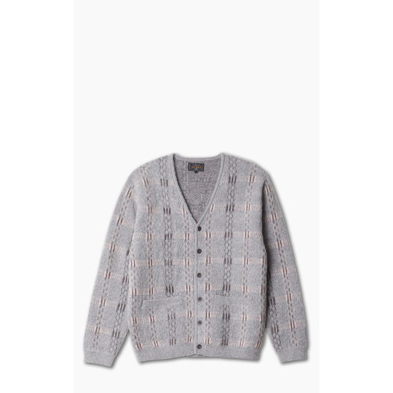 Beams Plus Cardigan Check Pattern Jacquard Mohair 9G Grey M