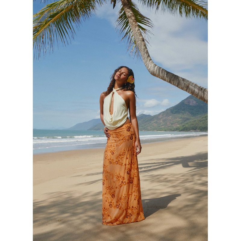 Corinna Low Rise Sequin Maxi Skirt – Orange Orange US 0