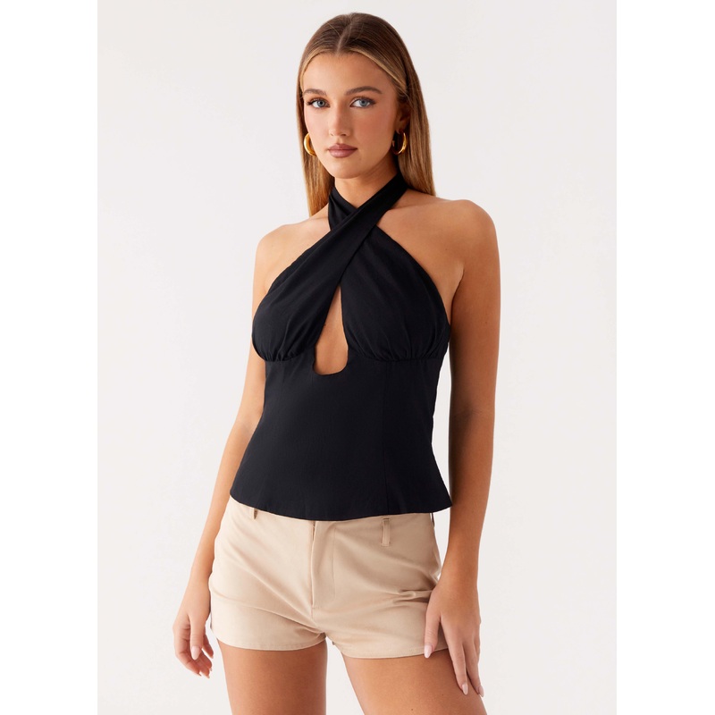 Catch Me Later Linen Halter Top – Black Black US 0
