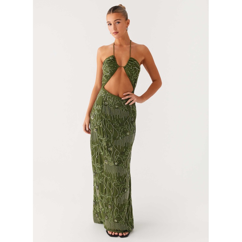 Phoenicia Beaded Maxi Dress – Khaki Khaki US 0