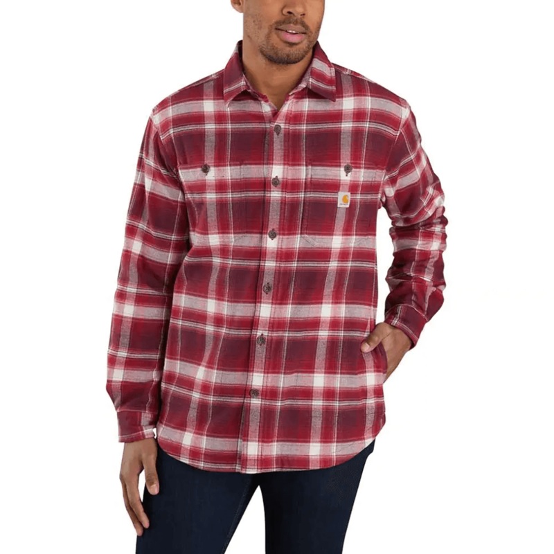Carhartt 104913 Rugged Flex Relaxed Fit Midweight Flannel Fleece Lined Shirt DARK BROWN STRIPE 2XL