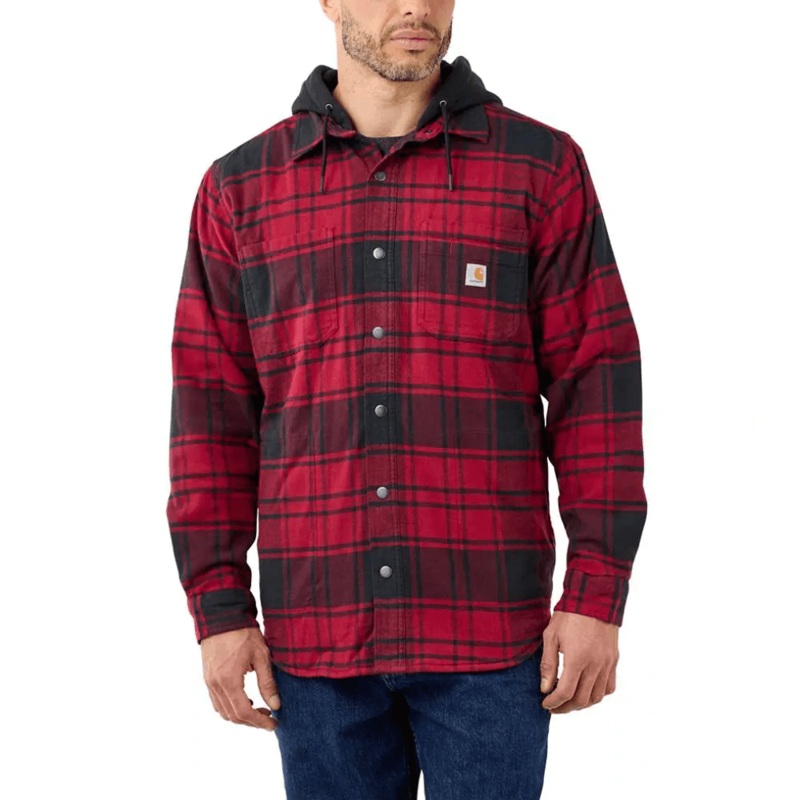 Carhartt 105621 Rugged Flex Relaxed Fit Flannel Fleece Lined Hooded Jac Shirt Elm SMALL
