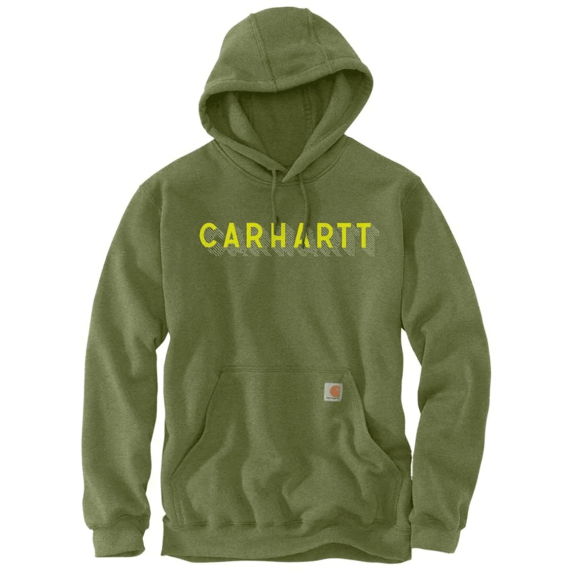 Carhartt 105944 Rain Defender Loose Fit Midweight Logo Graphic Hooded Sweatshirt Chive Heather 2XL
