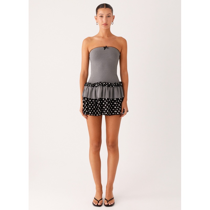 Yerin Strapless Frill Mini Dress – Grey Polkadot Grey Polkadot US 0
