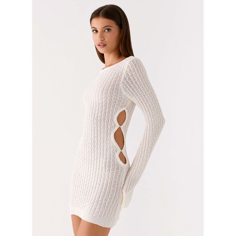 Zenzi Long Sleeve Crochet Mini Dress – White White XS-S