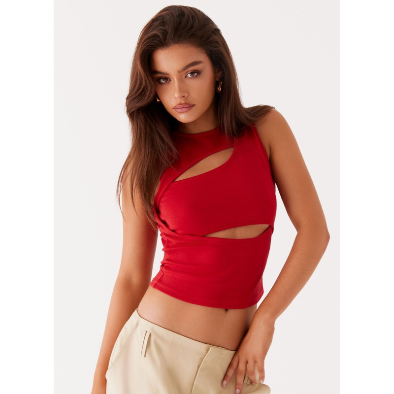 Beyond Cut Out Mesh Top – Red Red US 0