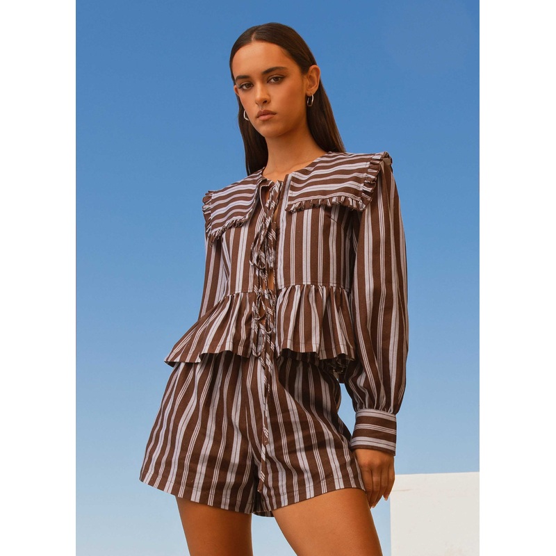 Emerson Tie Front Long Sleeve Top – Purple Brown Stripe Purple Brown Stripe US 0