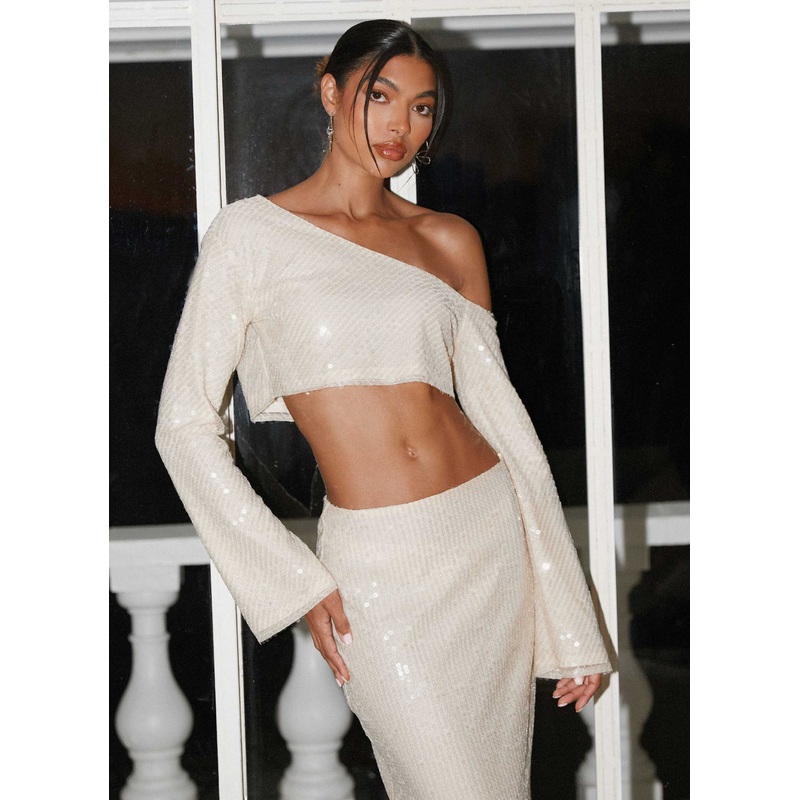 Wisteria Off Shoulder Long Sleeve Sequin Top – Champagne Champagne US 0