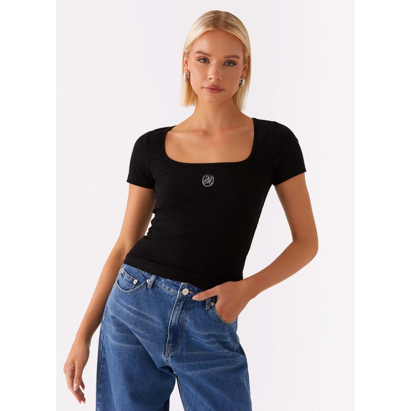 Signature Monogram Square Neck Top – Black Black US 0