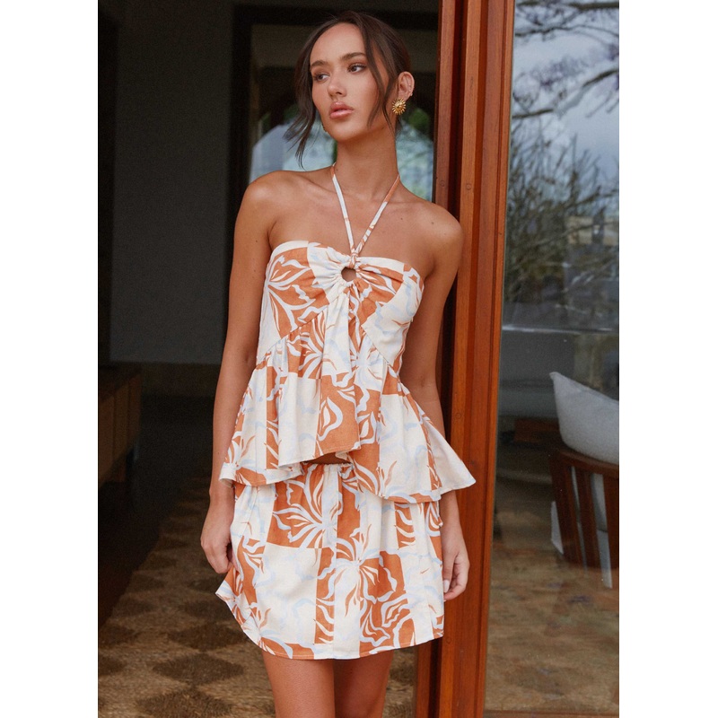 Athena Drawstring Mini Skirt – Orange Blue Floral Orange Blue Floral US 0