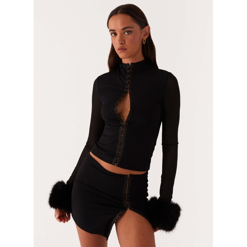 Tayanna Fur Trim Long Sleeve Top – Black Black US 0