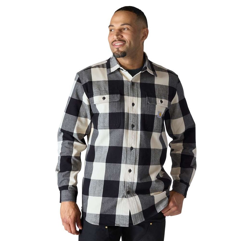 Carhartt 107013 Loose Fit Heavyweight Flannel Long-Sleeve Plaid Shirt Oat Milk S