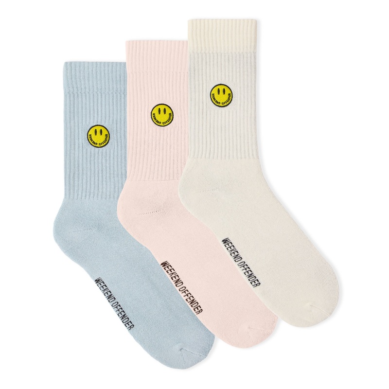 Smiley Sports Socks Pink/Blue/Cream Pack of 3 Pink/Blue/Cream