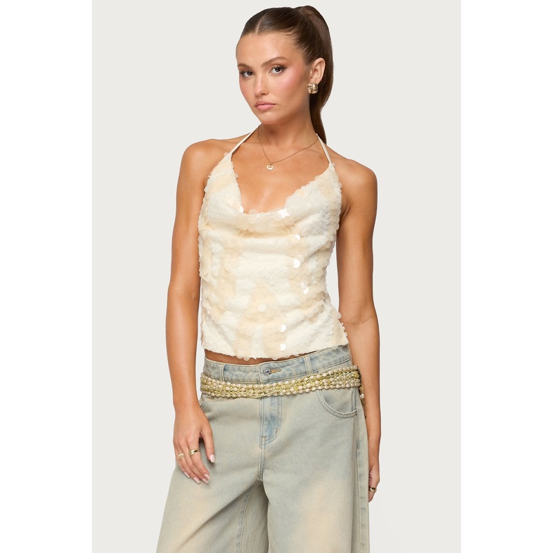 Reid Backless Sequin Cowl Neck Top CREAM XS