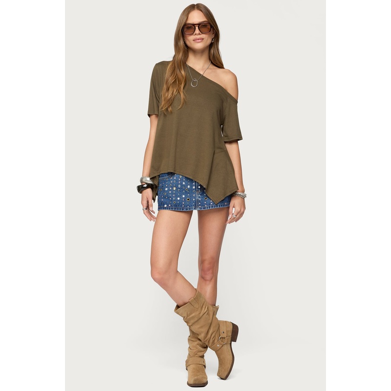 Studded Grommet Denim Mini Skort BLUE WASHED XS