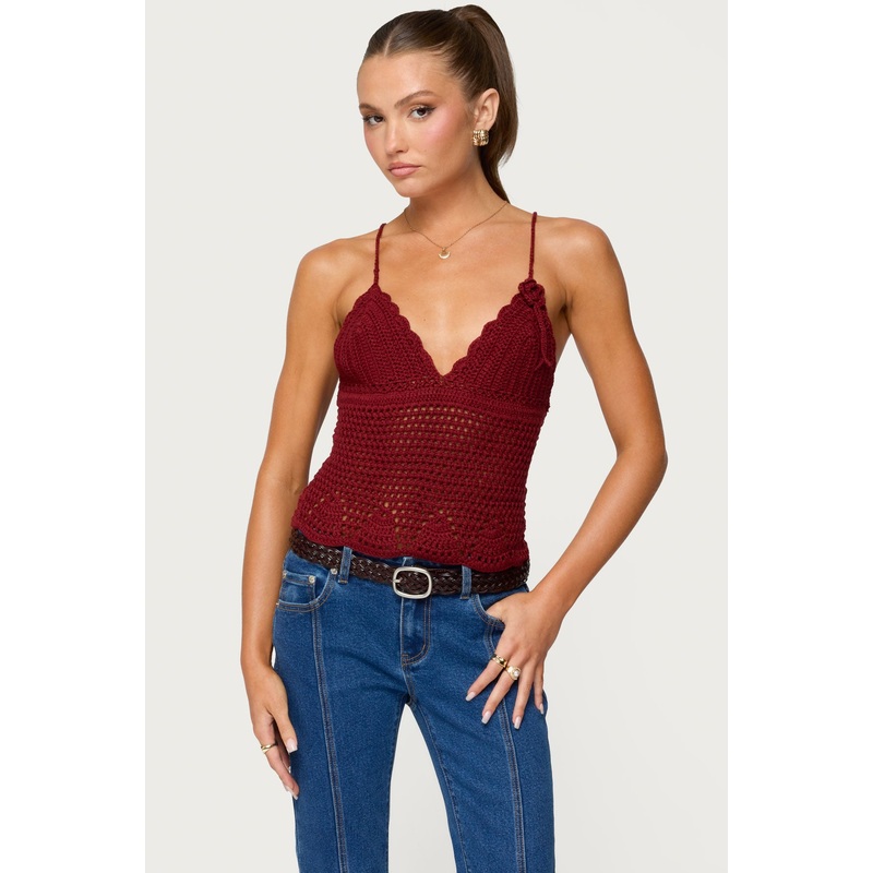 Delila Crochet V Neck Top BURGUNDY XS
