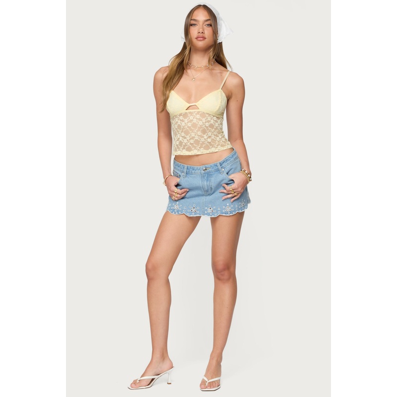 Eyelet Scallop Denim Mini Skort LIGHT BLUE XS
