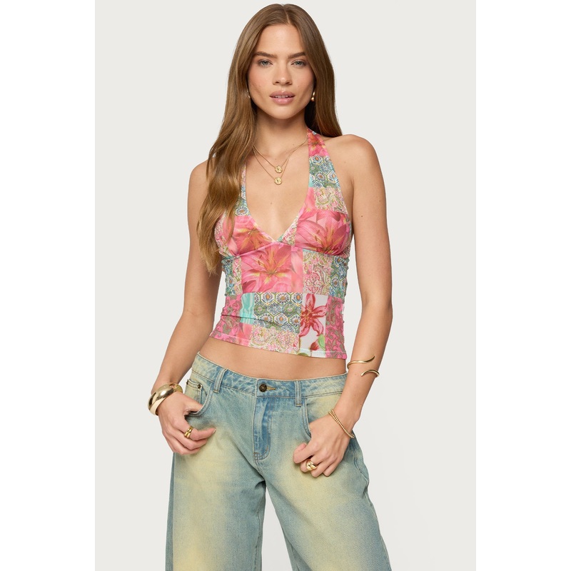 Catie Printed Mesh Halter Top MIX XS