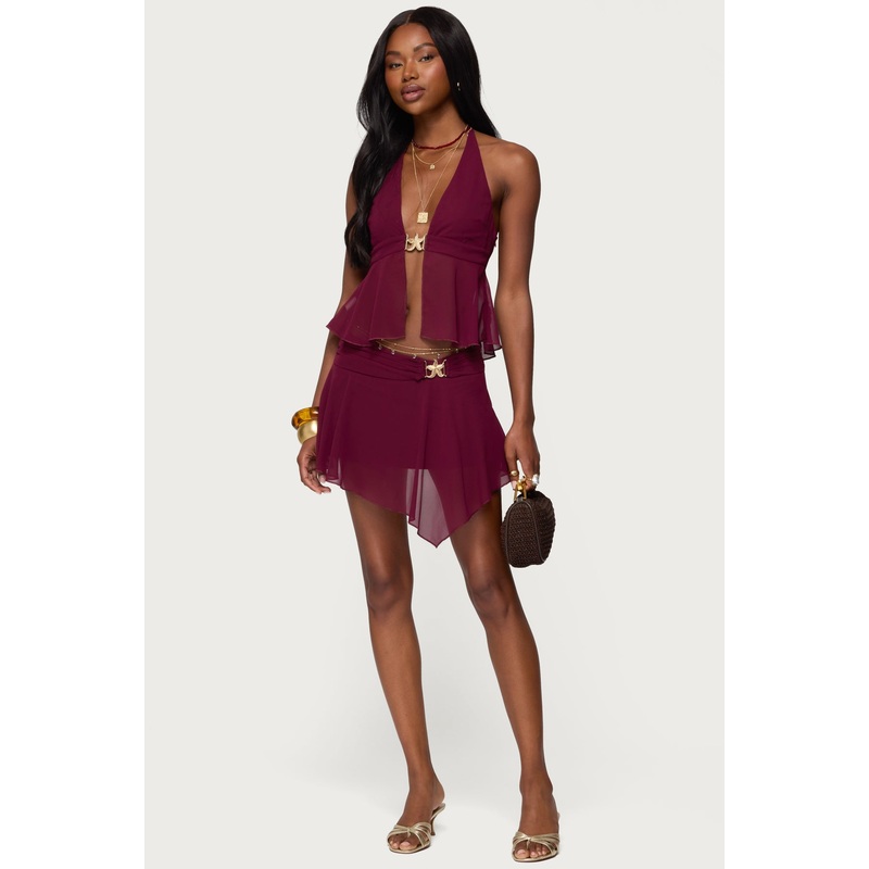 Sea Star Asymmetric Chiffon Mini Skirt BURGUNDY XS
