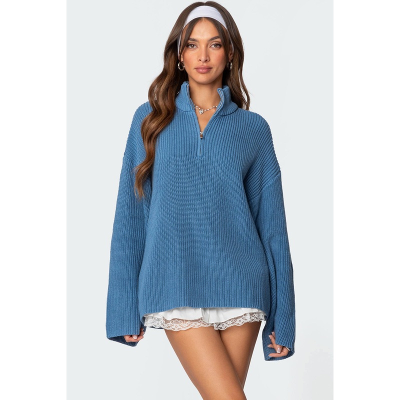 Amour High Neck Oversized Zip Sweater BLUE XS