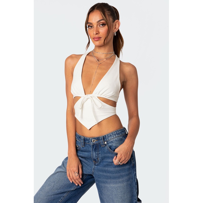 Cady Tie Front Cut Out Top WHITE XS