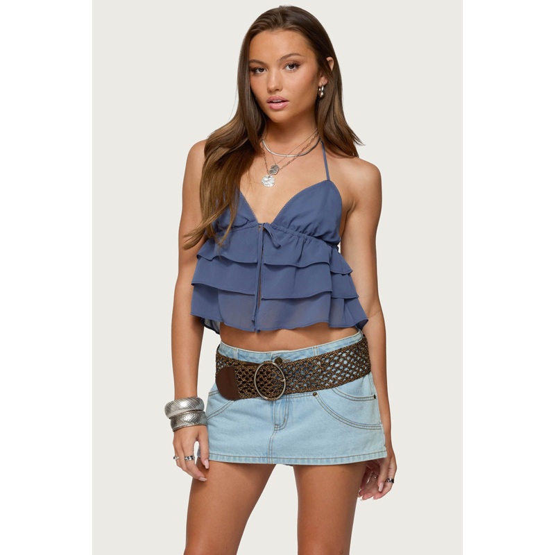 Zephi Split Front Ruffled Top BLUE XS