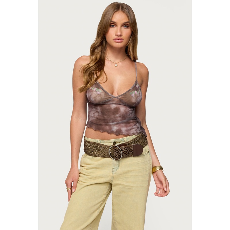 Embroidered Asymmetric Printed Mesh Top BROWN XS