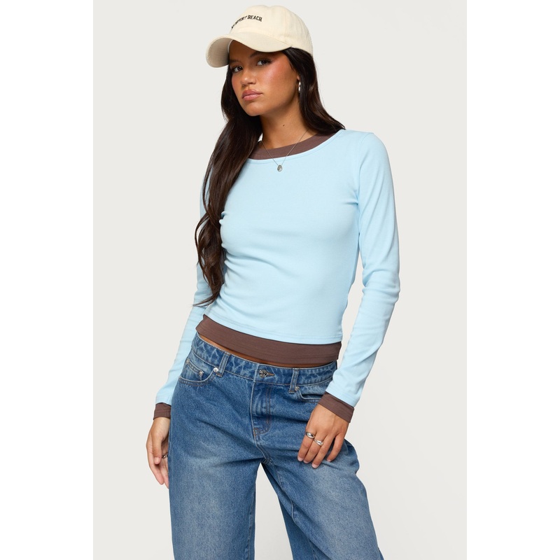 Contrast Layered Look Long Sleeve T Shirt LIGHT BLUE XS