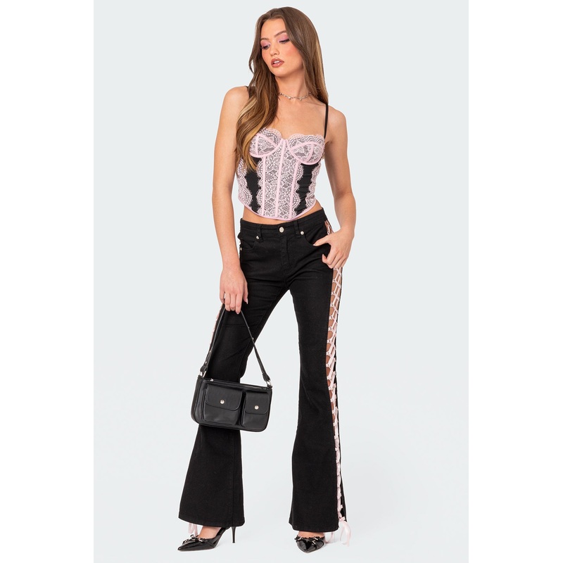 Satin Effect Lace Up Flared Jeans BLACK XS