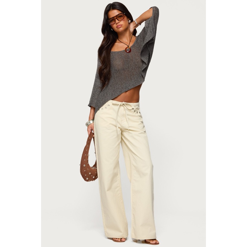 Grommet Tie Waist Low Rise Jeans BEIGE XS