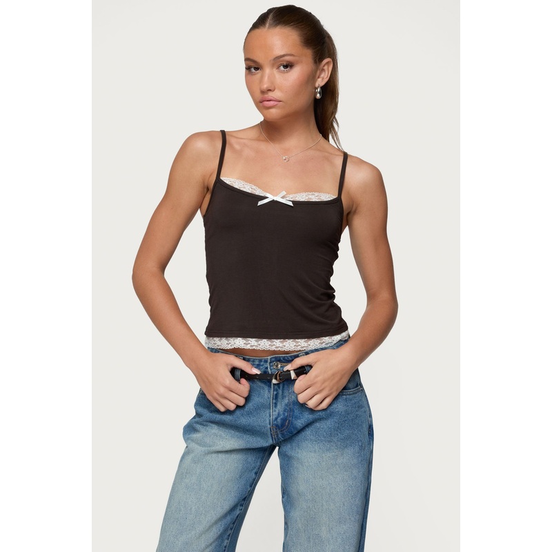 Adriel Contrast Lacey Tank Top BROWN XS