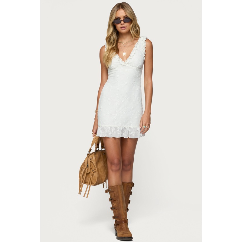 Shayla Ruffle Textured Mini Dress WHITE XS