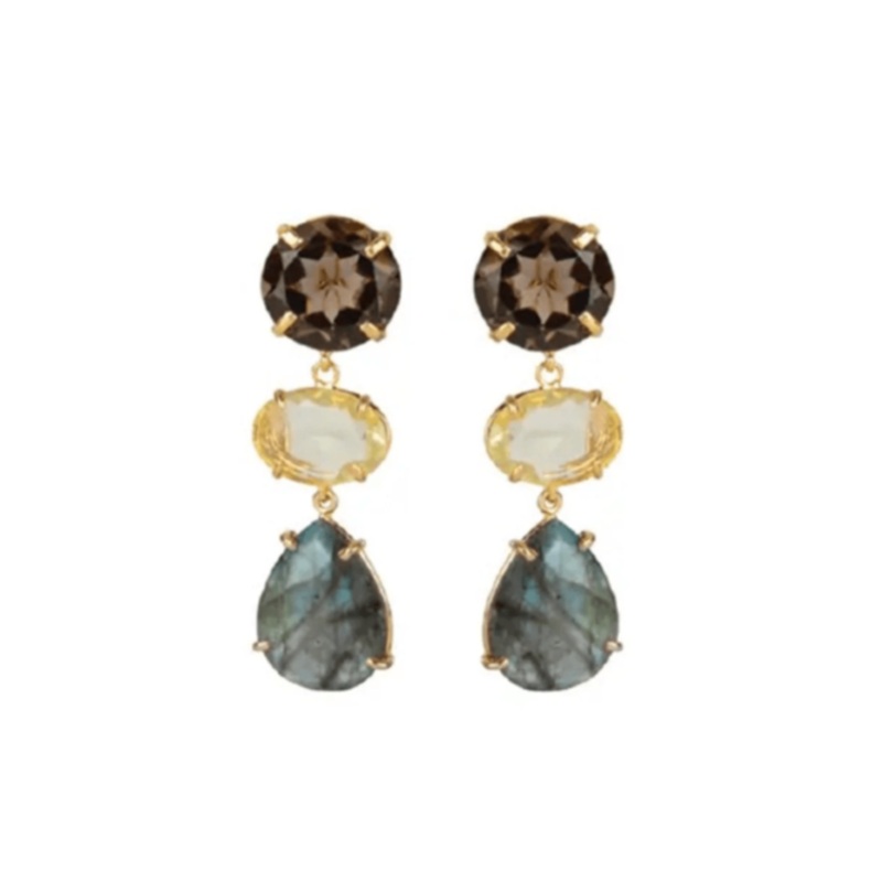 3 Tier Earrings – Smoky Quartz, Lemon Quartz, Labradorite Smoky Quartz Lemon Quartz Pearl Labradorite