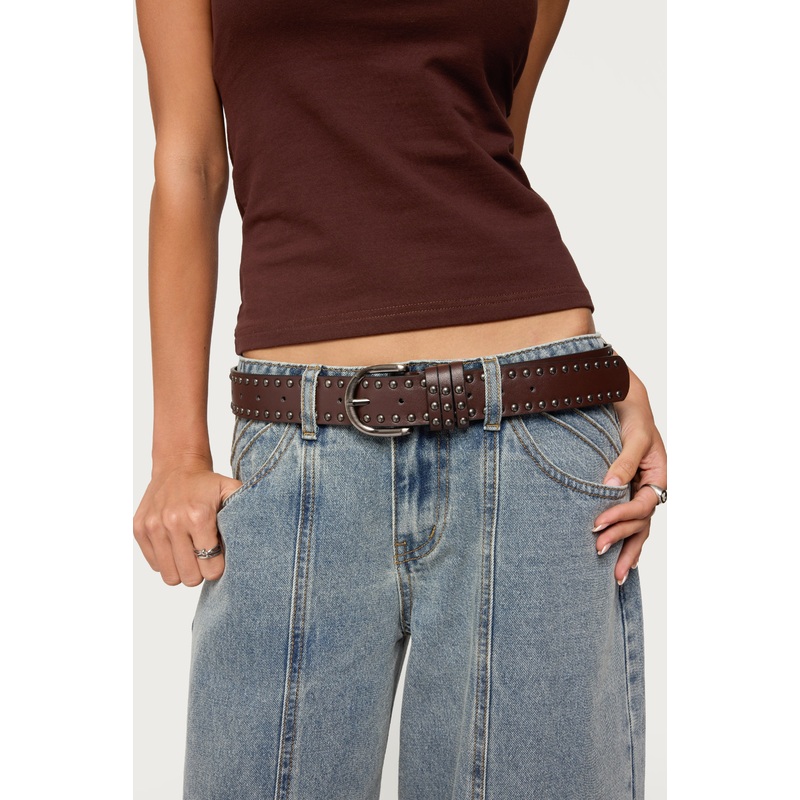 Studded Faux Leather Belt BROWN OS