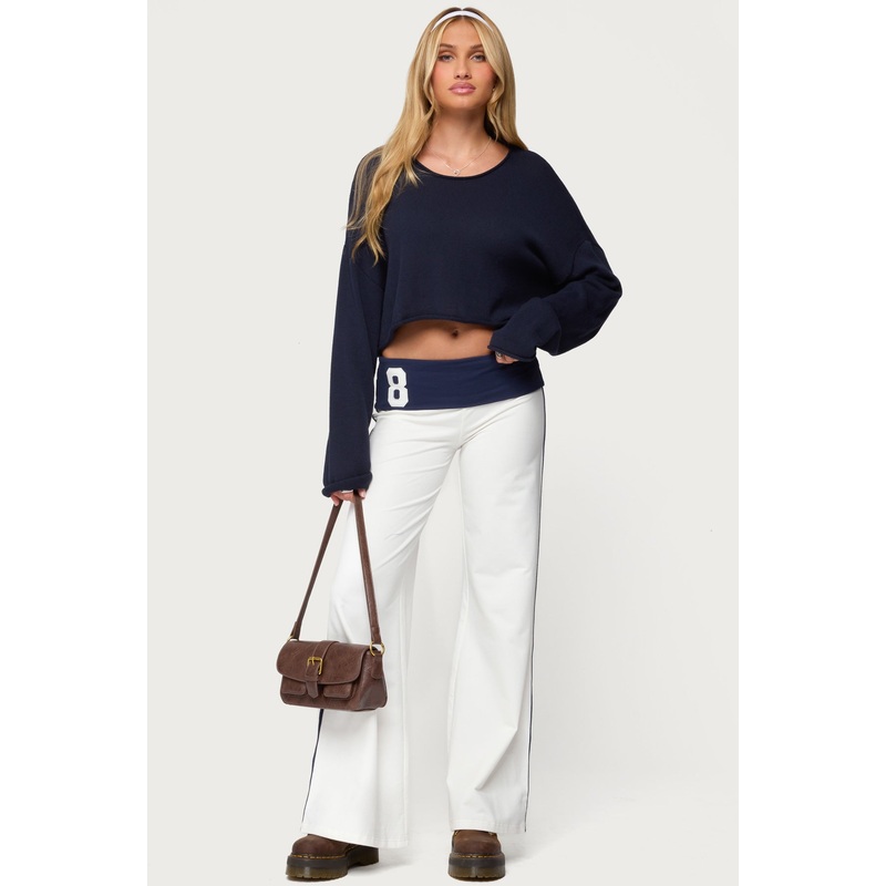 8 Contrast Fold Over Wide Leg Pants WHITE AND NAVY XS