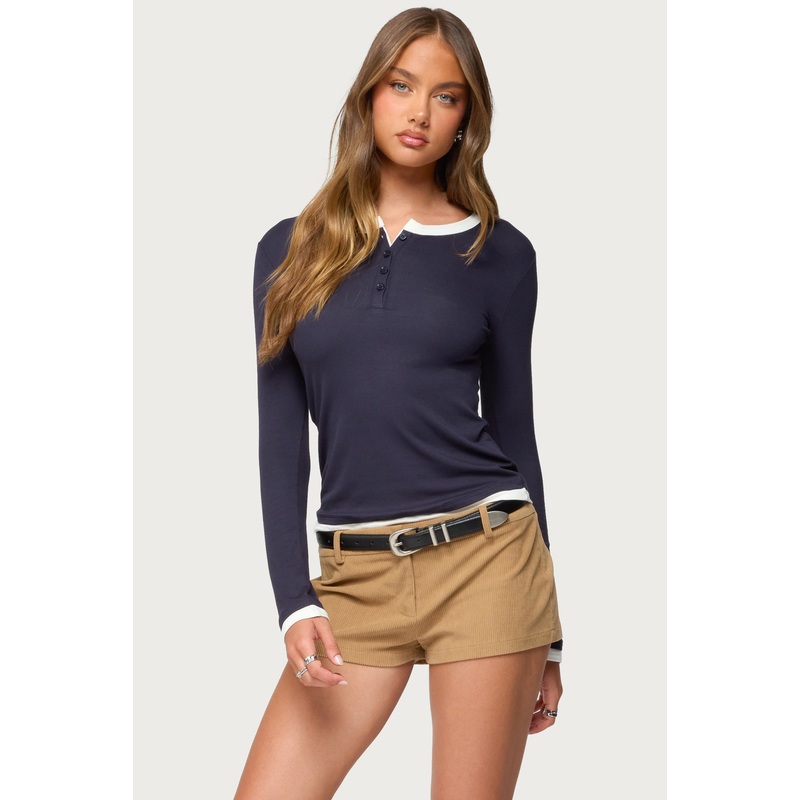 Contrast Layered Look Henley Top NAVY XS