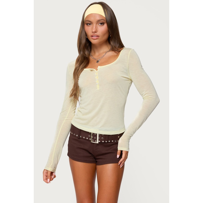 Ria Sheer Long Sleeve Henley Top YELLOW XS