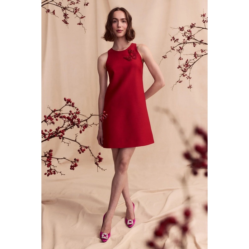 Trapeze Dress in Matte Silk Wool Red No Embellishment 2