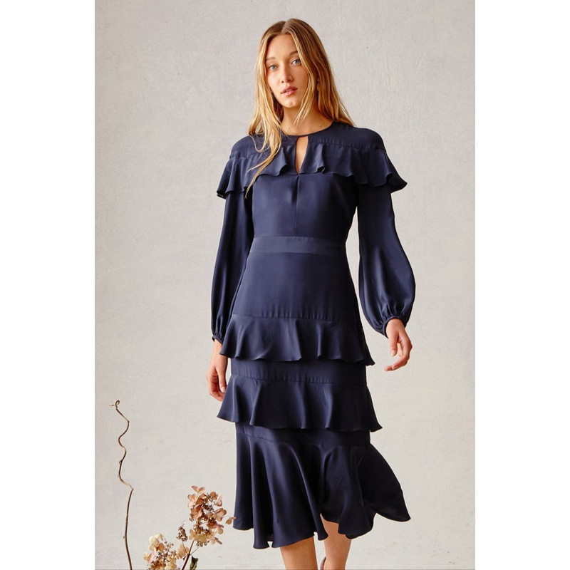 Cascade Ruffle Dress – Navy Navy Silk Charmeuse XS – SOLD OUT