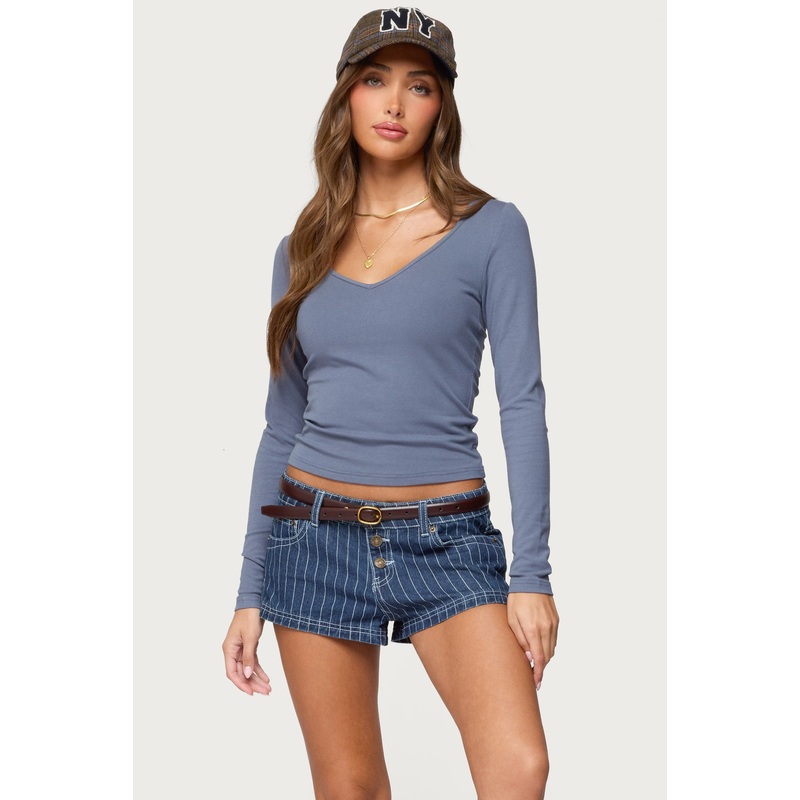 Moreen Ribbed Long Sleeve T Shirt BLUE XS