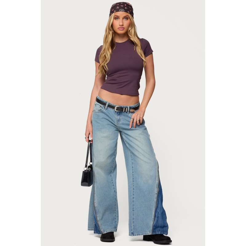 Zippered Washed Wide Leg Jeans BLUE XS
