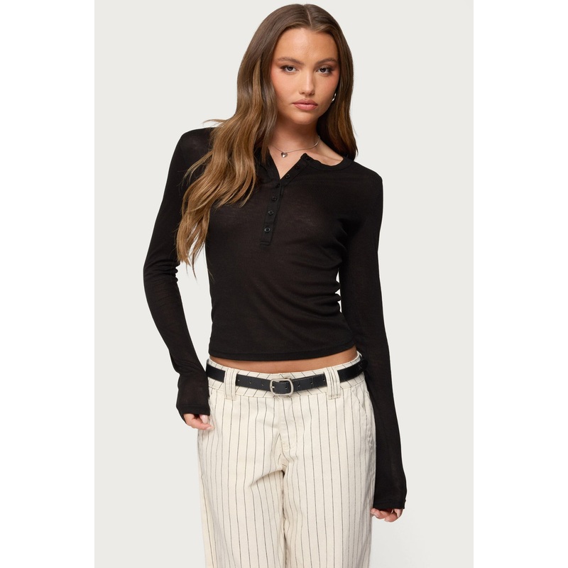 Nettie Ribbed Henley Top BLACK XS