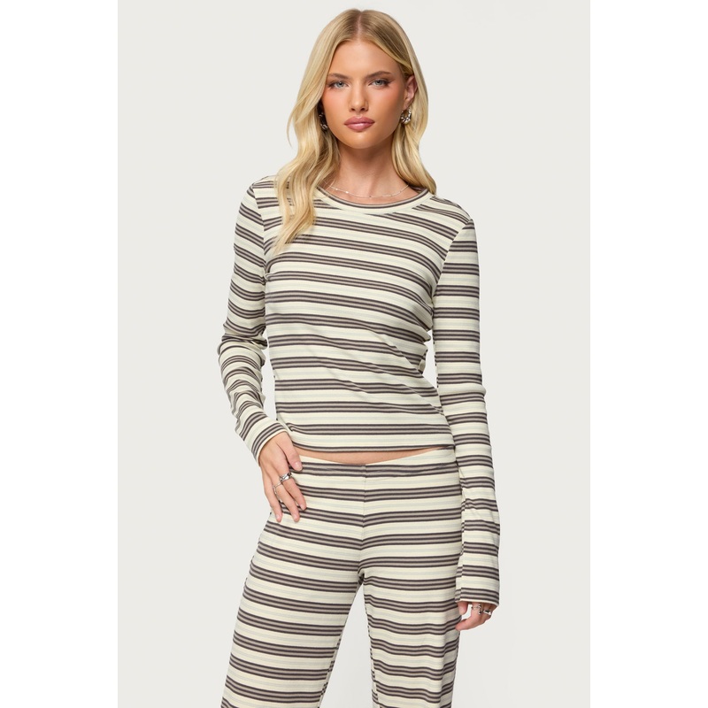 Avalie Striped Ribbed Long Sleeve T Shirt MIX XS