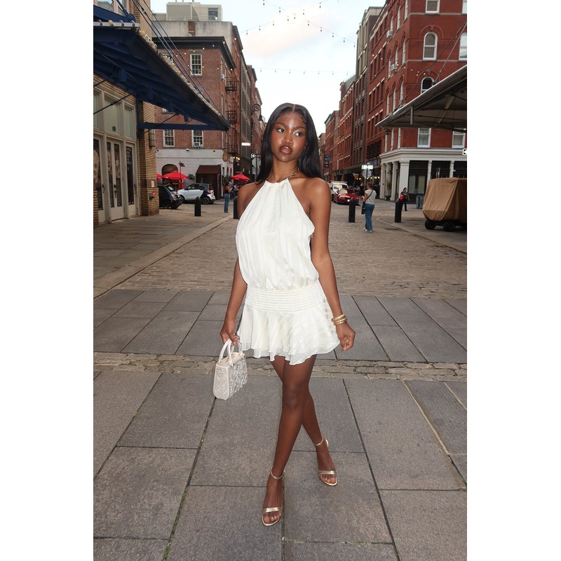 Glossy Striped Drop Waist Mini Dress BEIGE XS