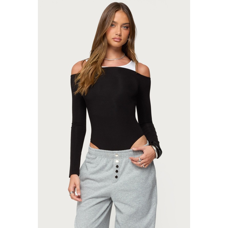 Layered Ribbed Off Shoulder Bodysuit BLACK XS