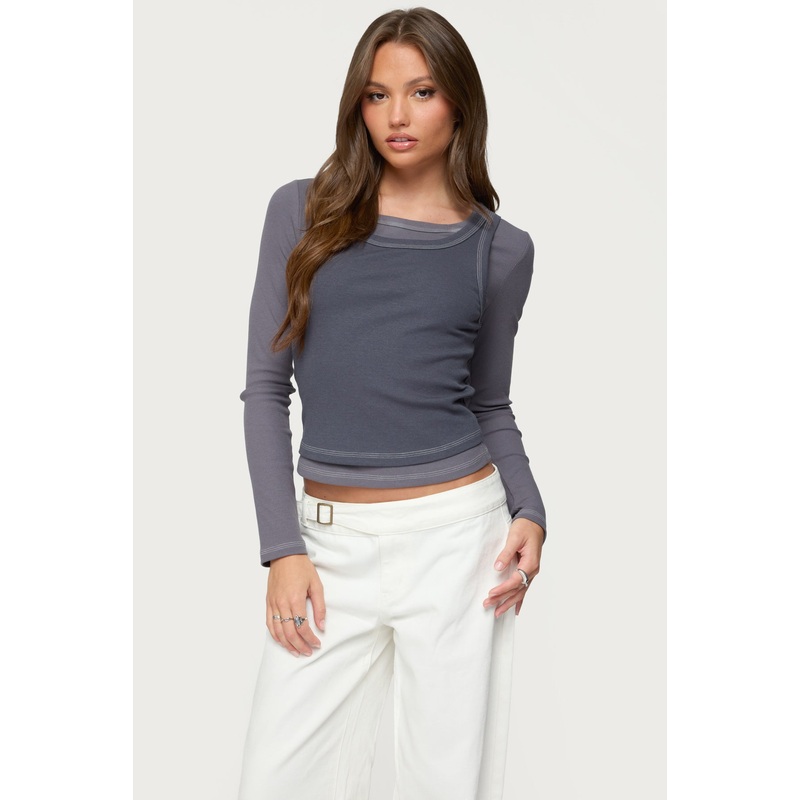 Zane Contrast Layered Long Sleeve Top GRAY XS