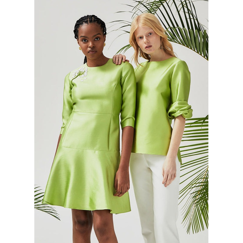 3/4 Sleeve Fit And Flare Dress – Chartreuse With Beaded Flower Chartreuse Silk Wool With Beaded Flower 4
